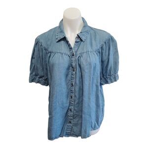 Jane + Delancey Chambray Button Up Puffed Short Sleeve Top Western Cottage XL